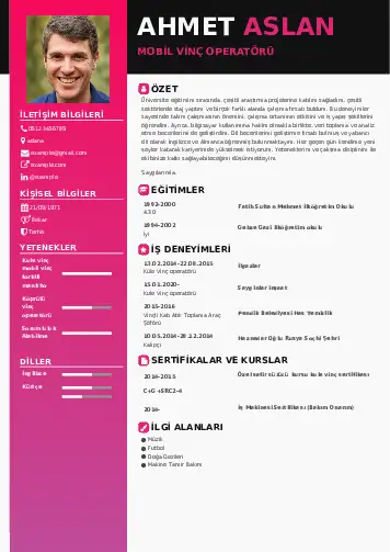 Vinç Operatörü Cv Örnekleri cv indir